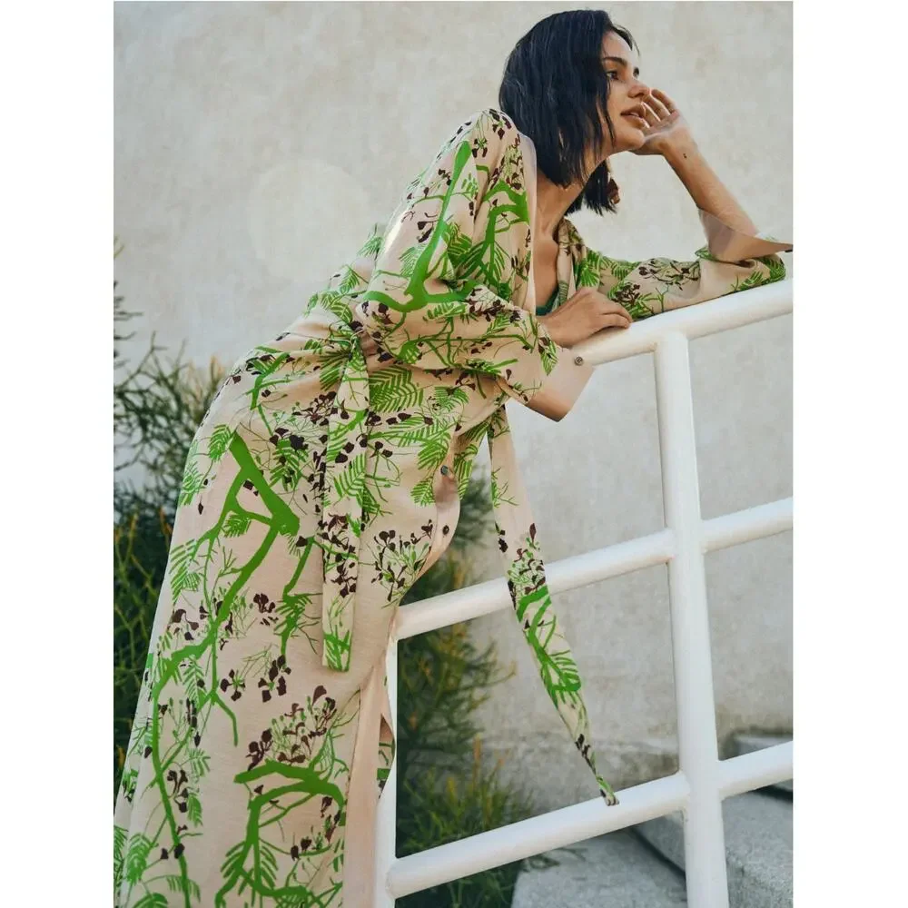Large LOST PATTERN Coco Dream Belted Kaftan Shirt Dress Green Caftan Coverup - Picture 16 of 16